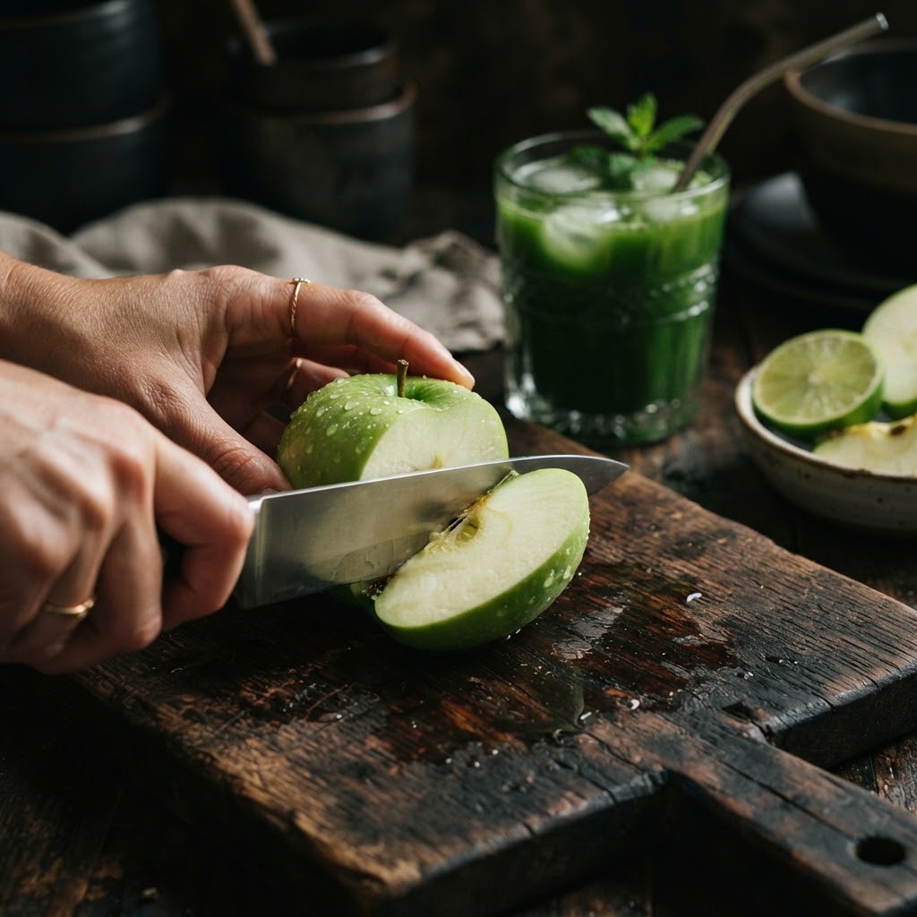 Green apple being sliced with detox juice