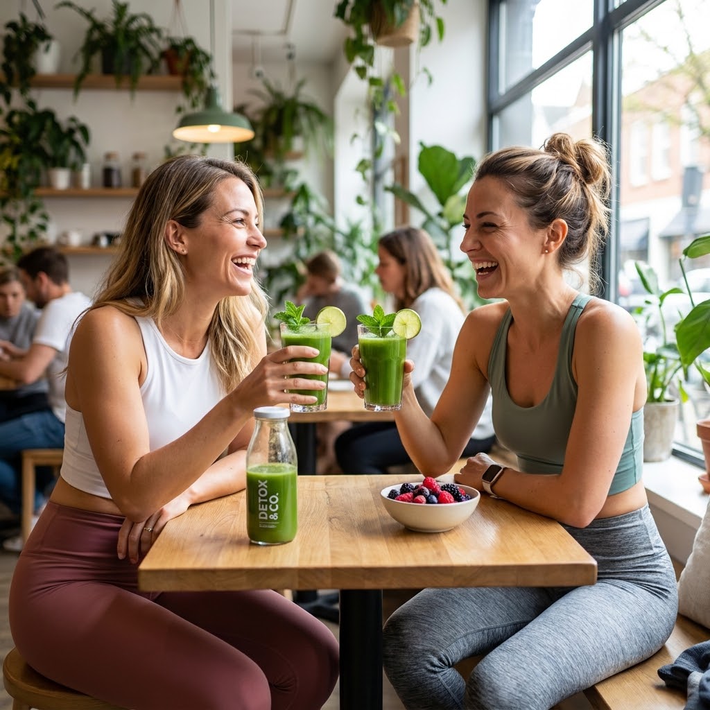Two friends enjoying green juices at a cafe