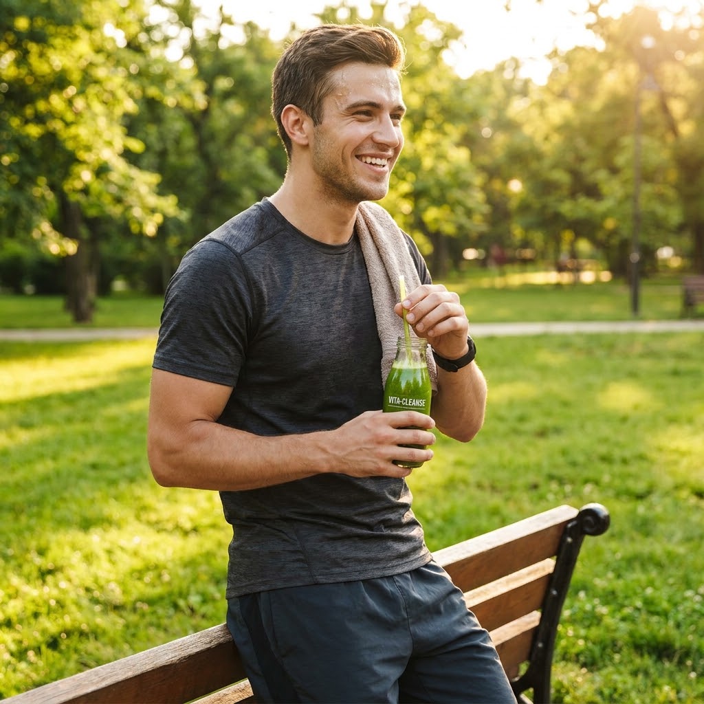 Man holding a green detox drink after a workout