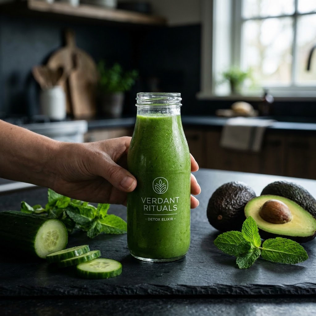 Green smoothie bottle on dark slate