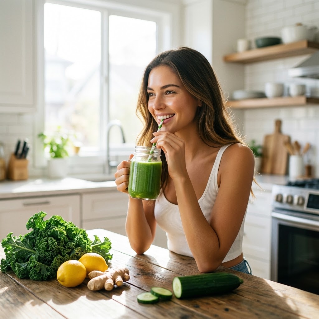 Woman drinking a green smoothie in her kitchen